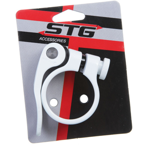 Хомут подсидельный STG 34,9мм с логотипом STG, белый